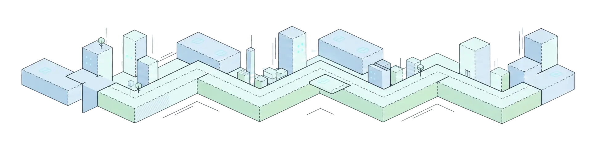 Isometric illustration of a minimalist cityscape with blue buildings, green parks, and tree-lined streets